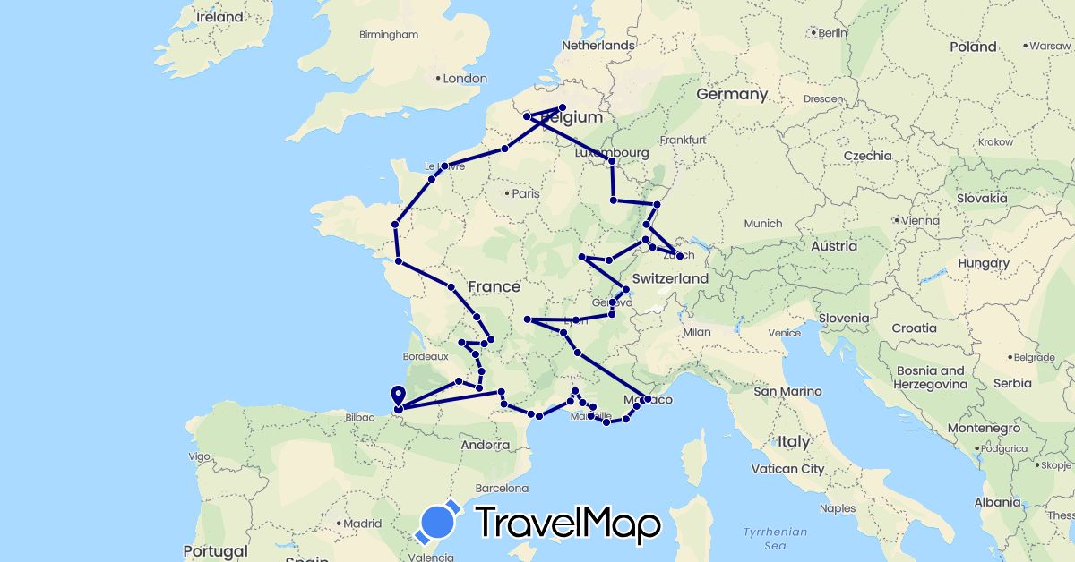 TravelMap itinerary: driving in Belgium, Switzerland, France, Luxembourg, Monaco (Europe)